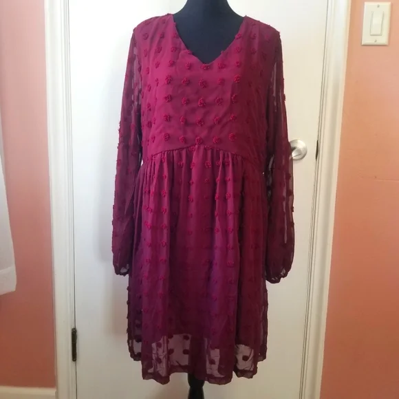Grace Karin | Dresses | Grace Karin Nwt Womens Burgundy Swiss Dot Long  Sleeve Dress Extra Large | Poshmark